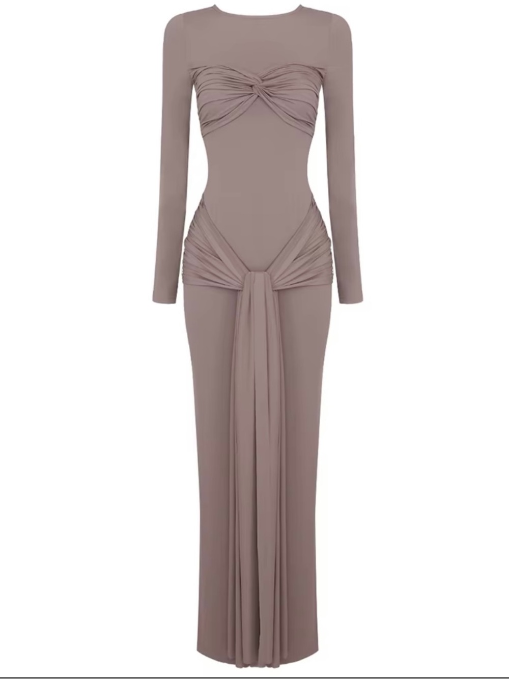 Long Sleeve Taupe Ruched Maxi Dress